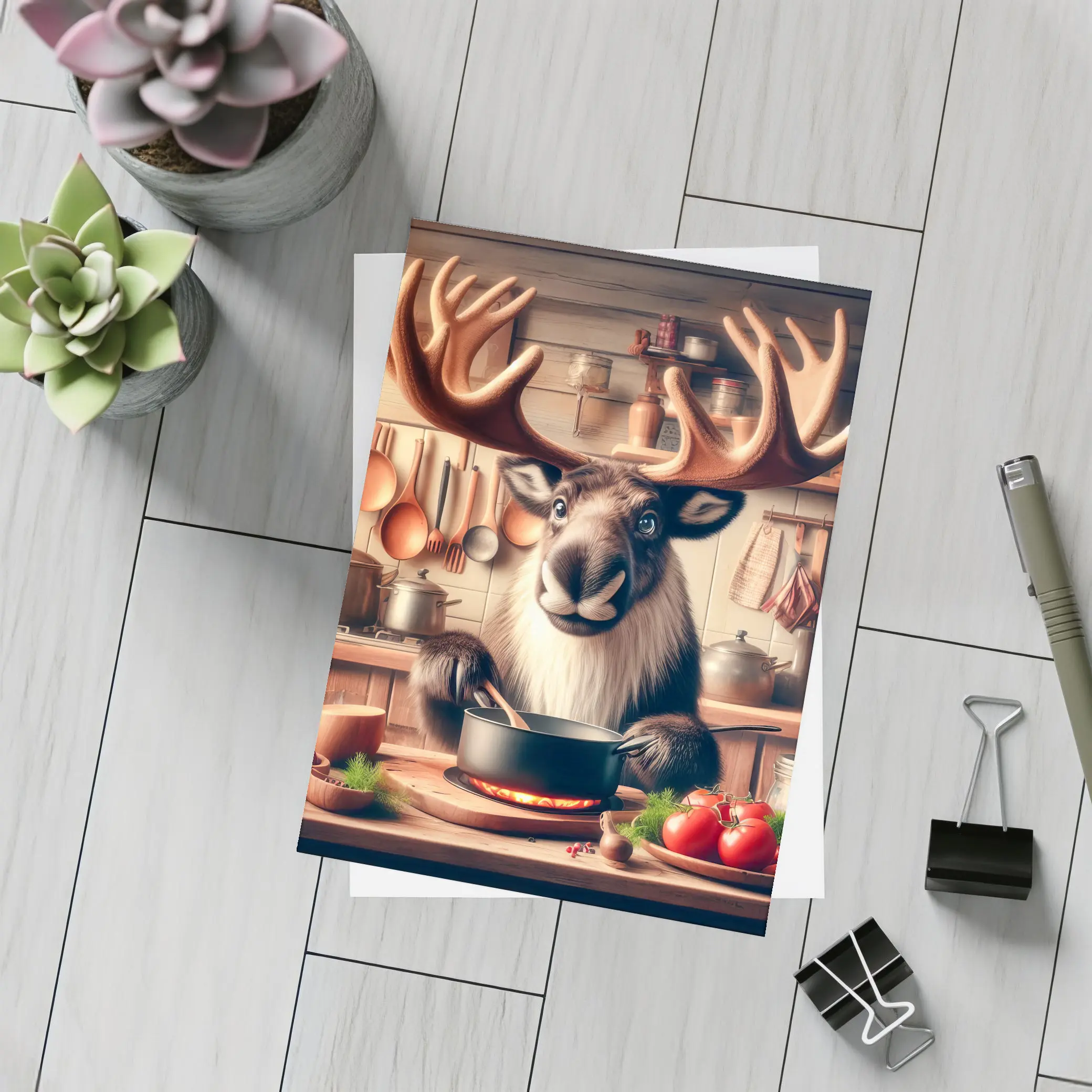 Moose Chef Cooking in Rustic Kitchen – Postcards