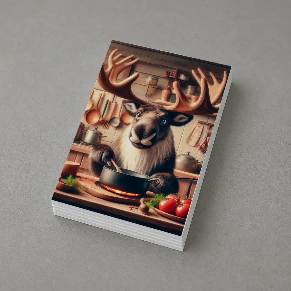 Moose Chef Cooking in Rustic Kitchen – Postcards