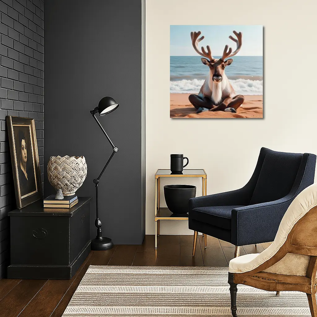 Reindeer Meditating on Sandy Ocean Beach – Wall Art