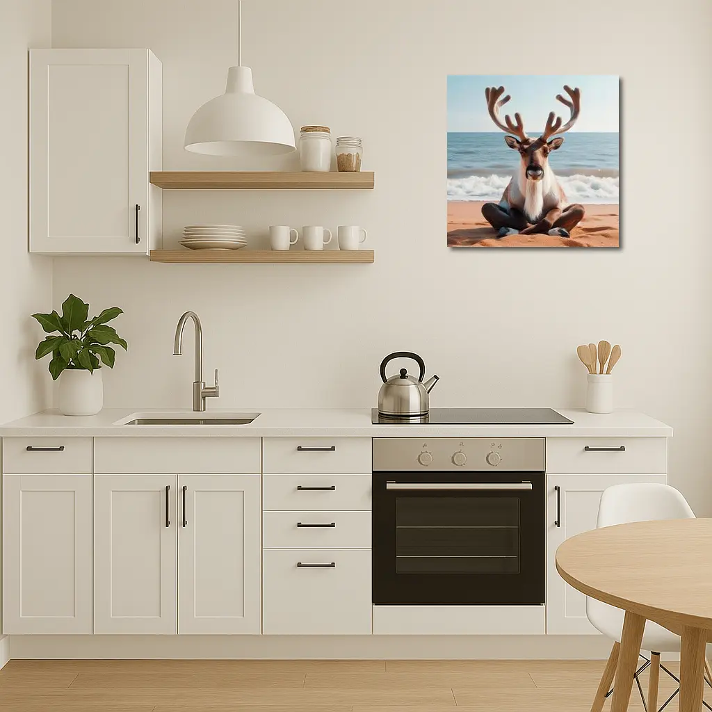 Reindeer Meditating on Sandy Ocean Beach – Wall Art