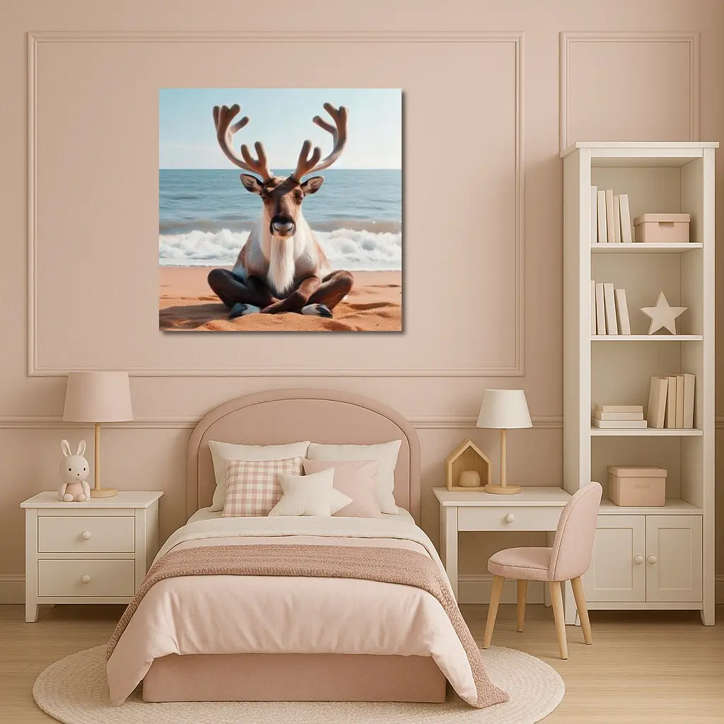 Reindeer Meditating on Sandy Ocean Beach – Wall Art