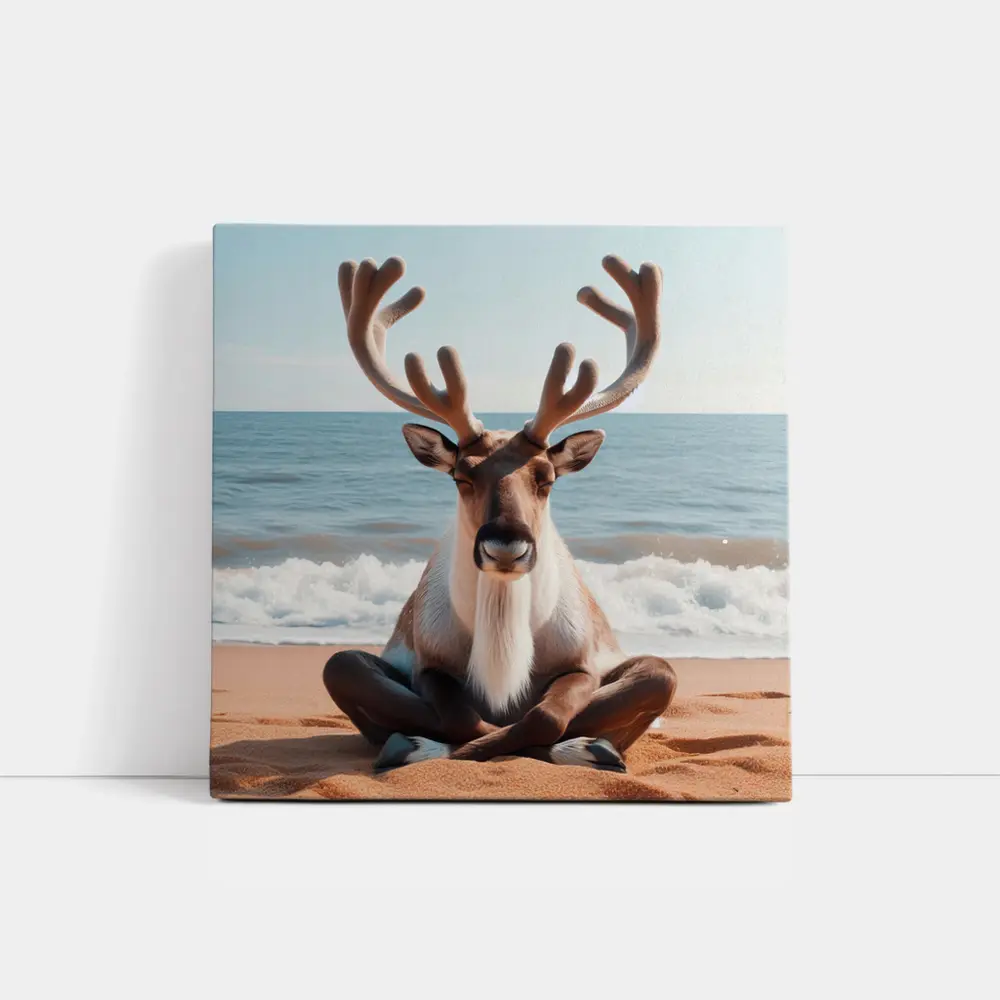 Reindeer Meditating on Sandy Ocean Beach – Wall Art