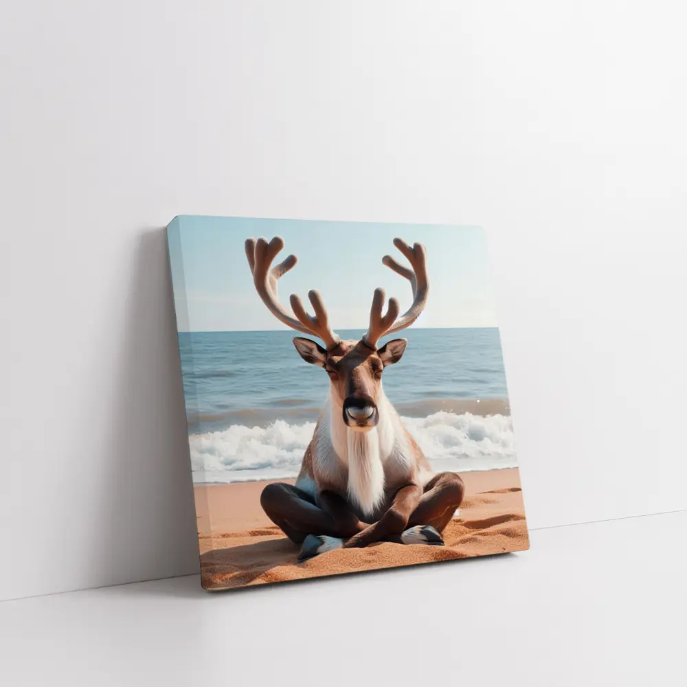 Reindeer Meditating on Sandy Ocean Beach – Wall Art