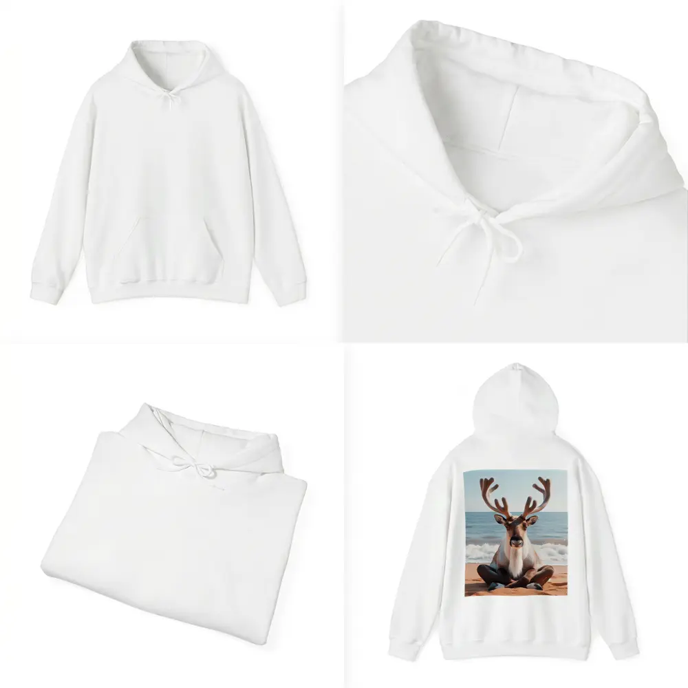 Reindeer Meditating on Sandy Ocean Beach – Hoodies