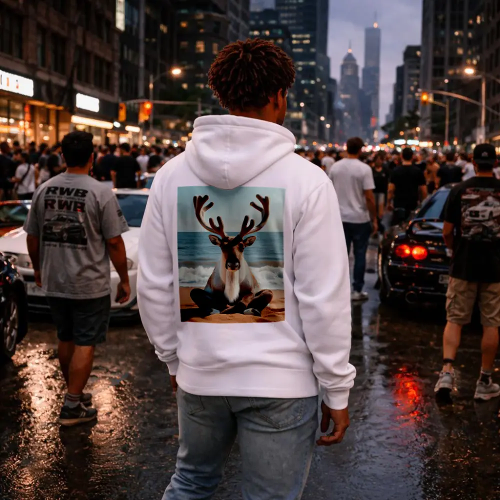 Reindeer Meditating on Sandy Ocean Beach – Hoodies