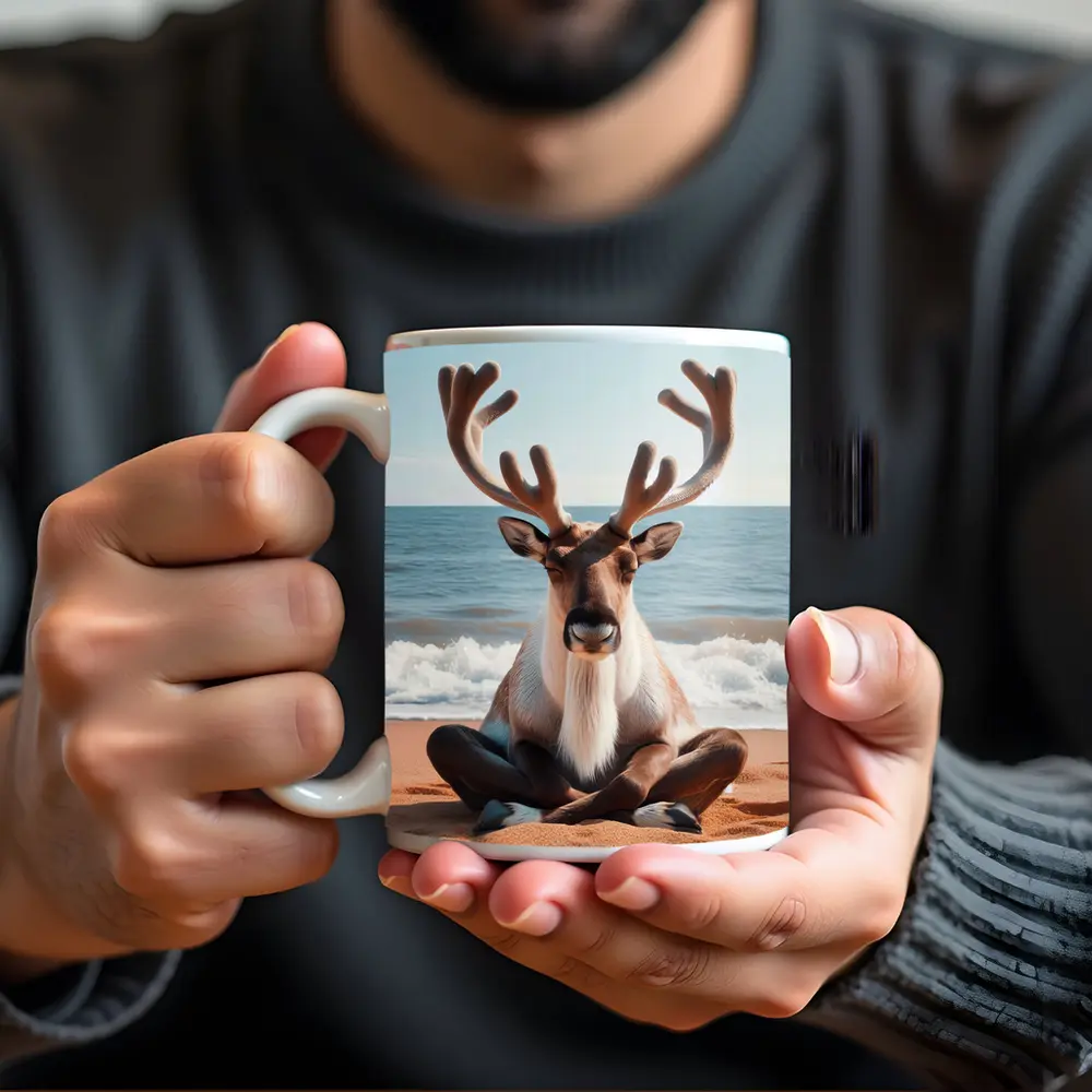 Reindeer Meditating on Sandy Ocean Beach – Mugs