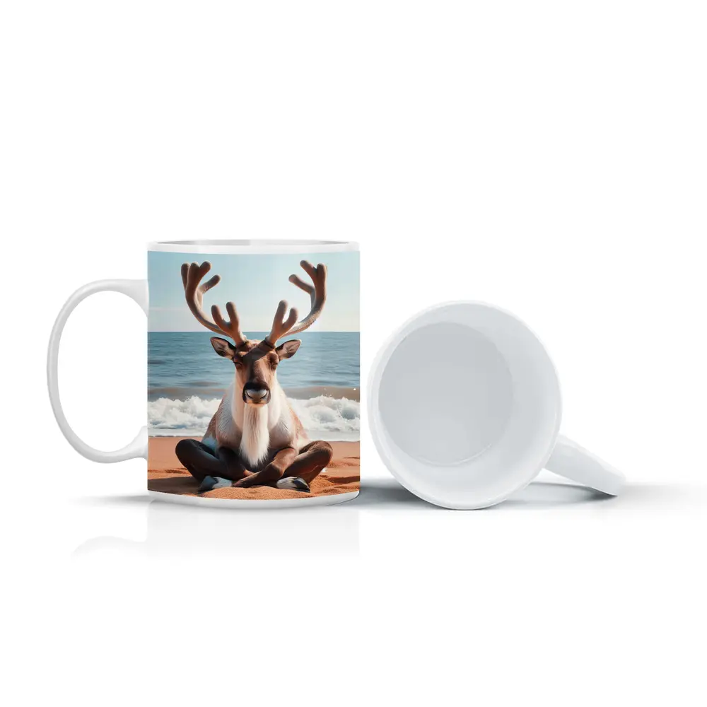 Reindeer Meditating on Sandy Ocean Beach – Mugs