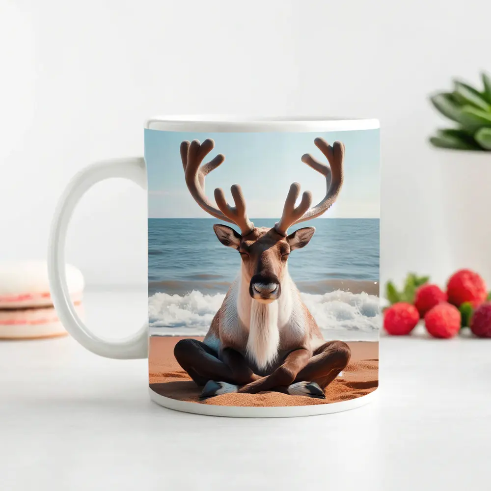 Reindeer Meditating on Sandy Ocean Beach – Mugs