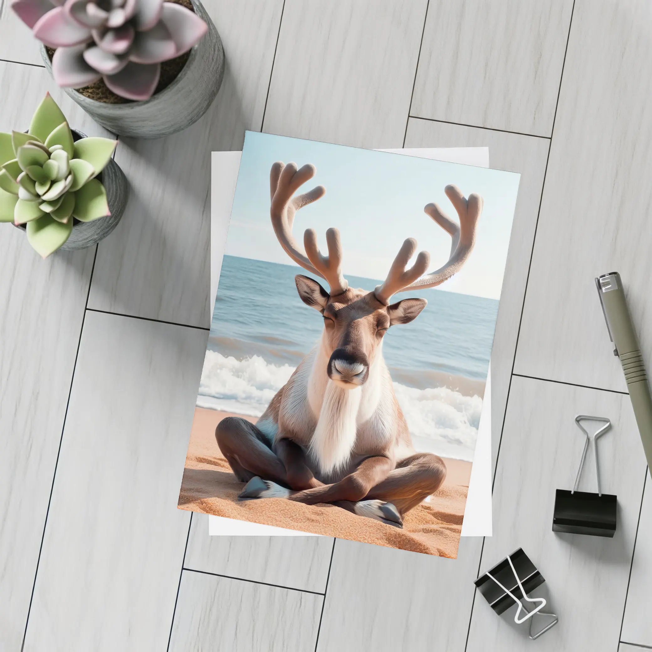 Reindeer Meditating on Sandy Ocean Beach – Postcards