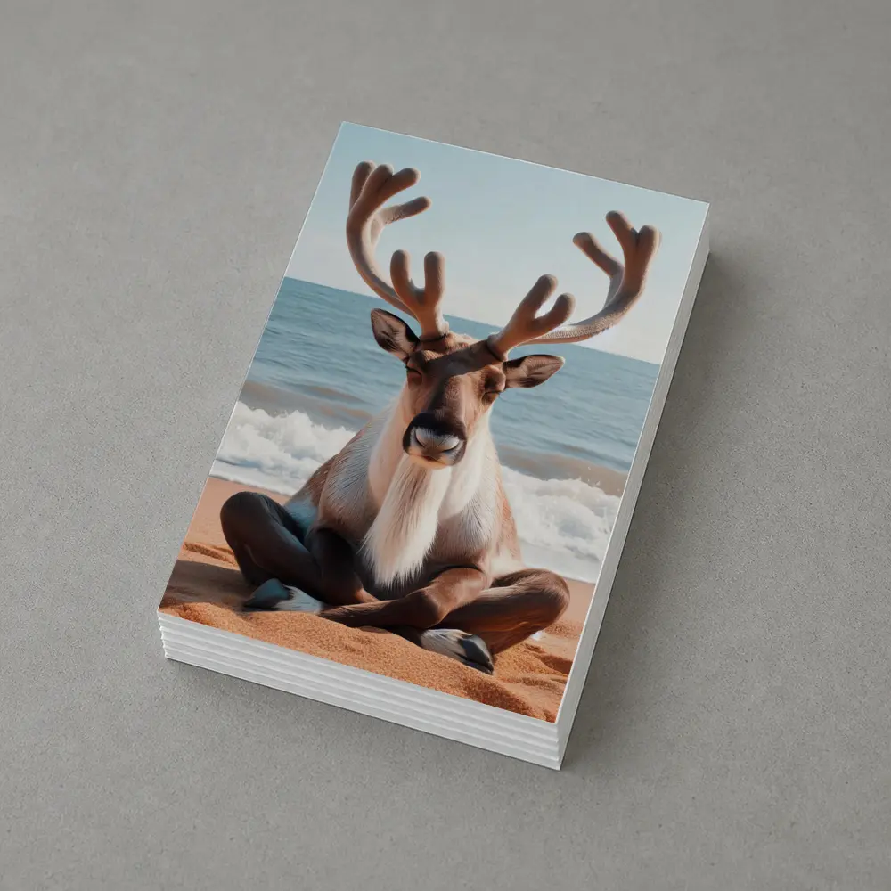 Reindeer Meditating on Sandy Ocean Beach – Postcards