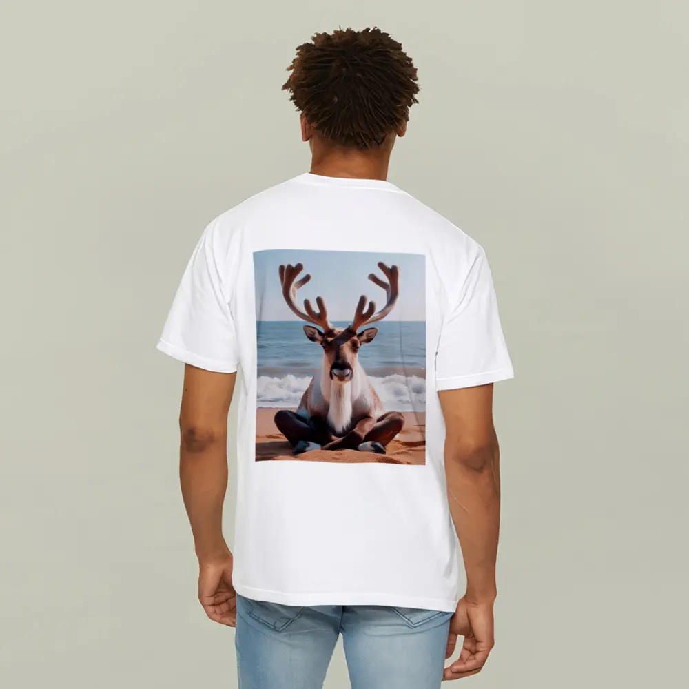 Reindeer Meditating on Sandy Ocean Beach – T-Shirts