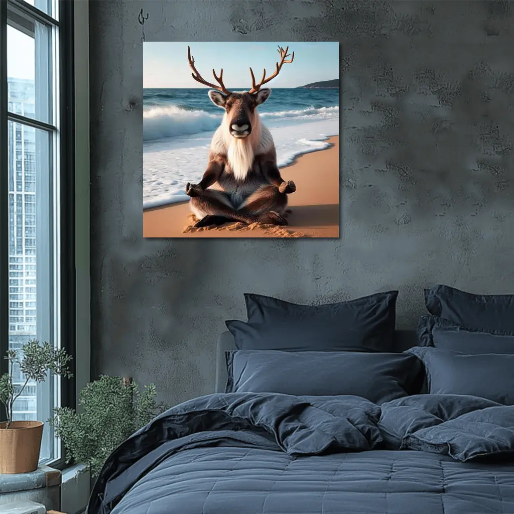 Reindeer Meditating on Sunny Beach – Wall Art
