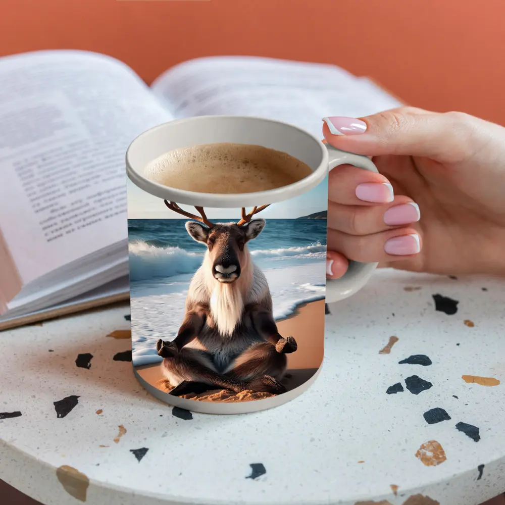Reindeer Meditating on Sunny Beach – Mugs