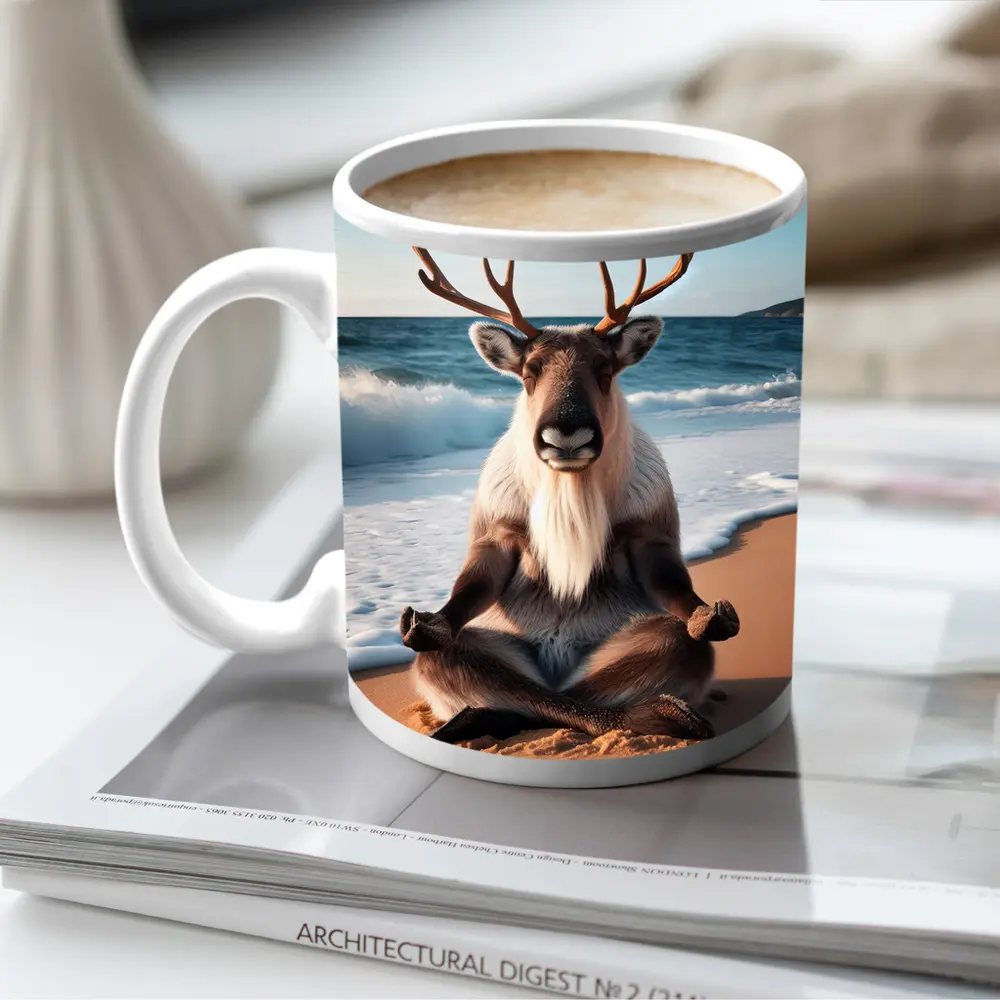 Reindeer Meditating on Sunny Beach – Mugs