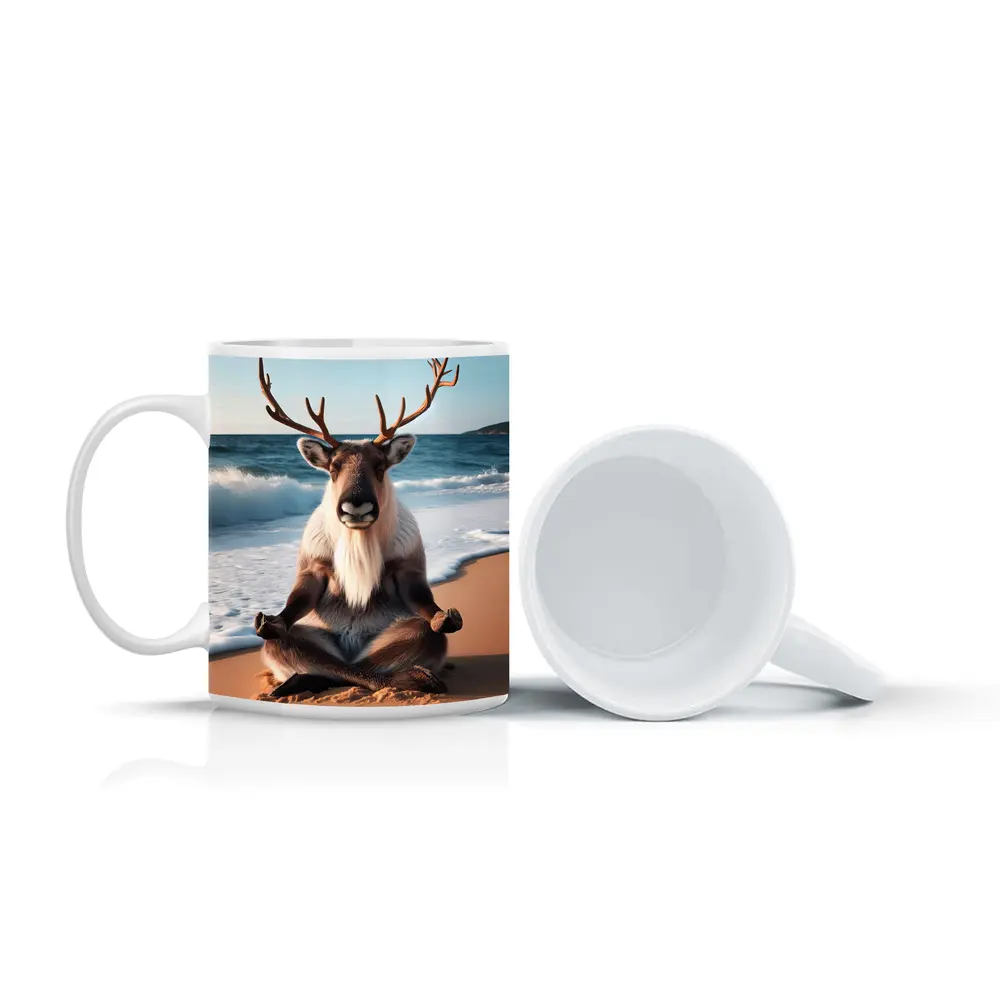 Reindeer Meditating on Sunny Beach – Mugs