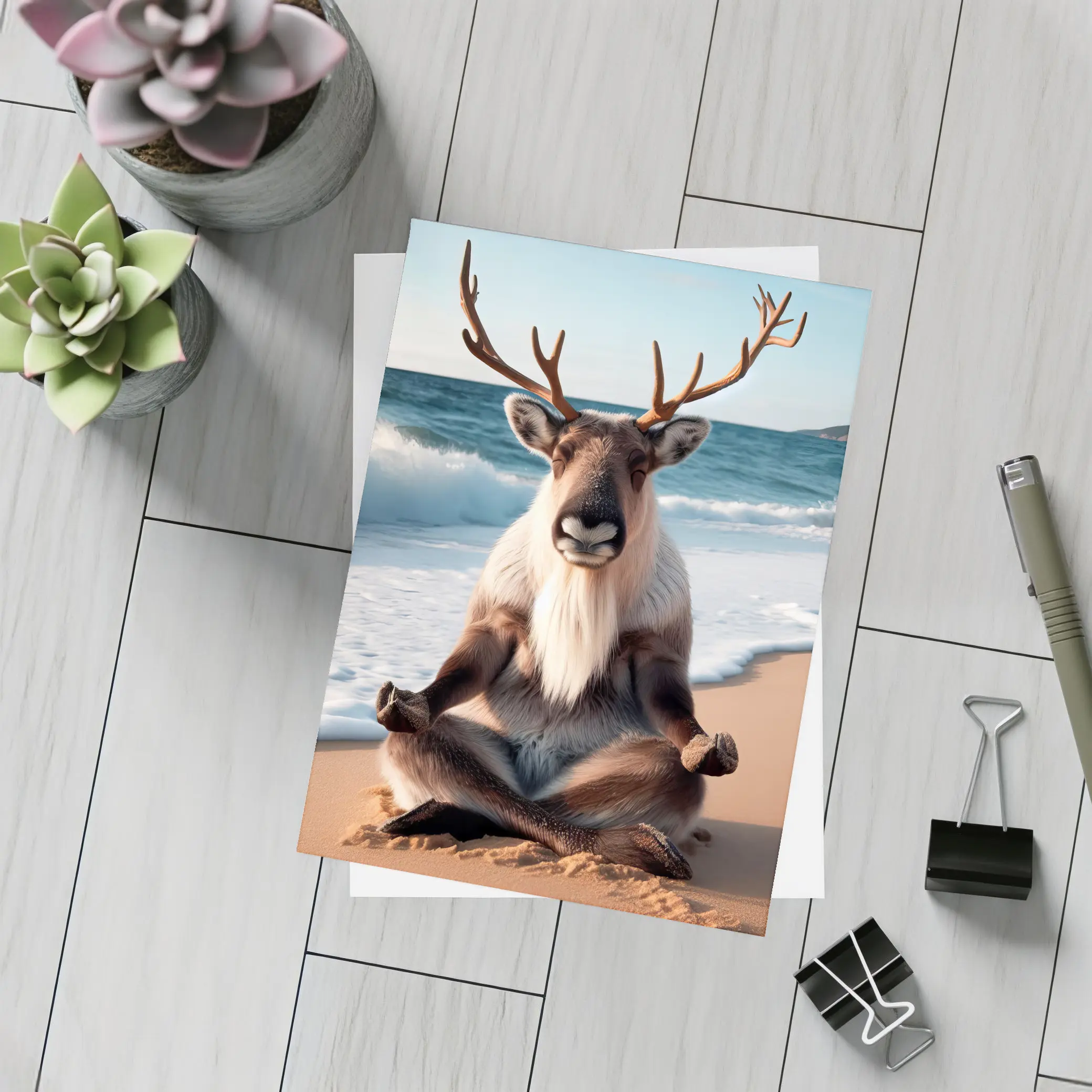 Reindeer Meditating on Sunny Beach – Postcards
