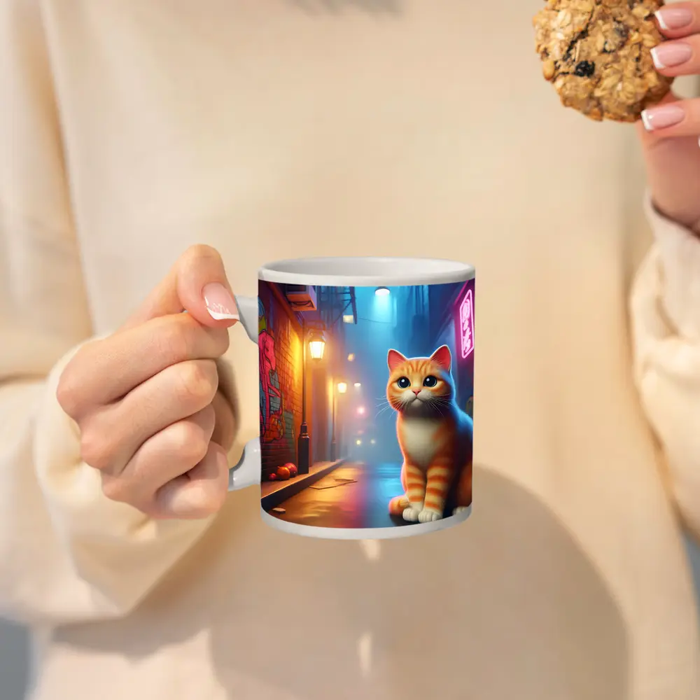 Orange Tabby Cat Neon Alley Graffiti Street – Mugs