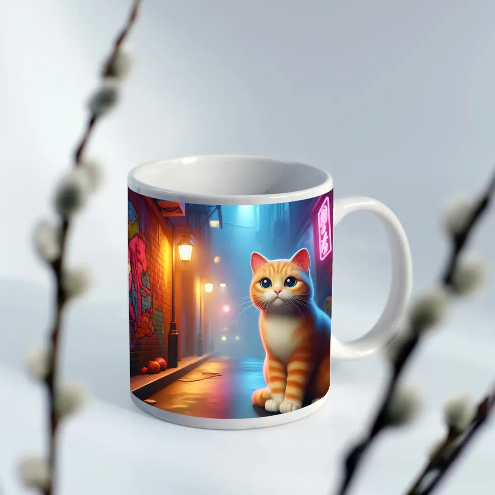 Orange Tabby Cat Neon Alley Graffiti Street – Mugs