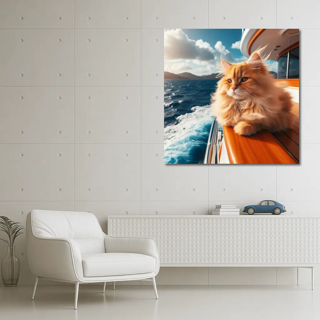 Fluffy Orange Cat on Yacht Ocean – Wall Art