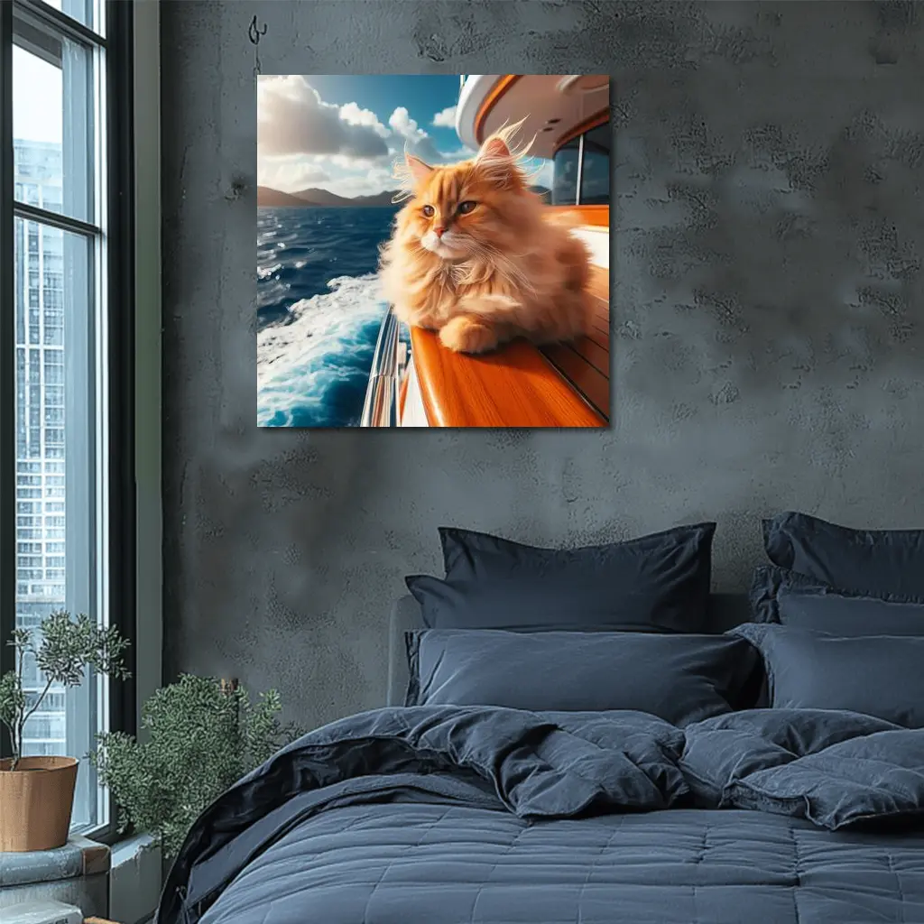 Fluffy Orange Cat on Yacht Ocean – Wall Art