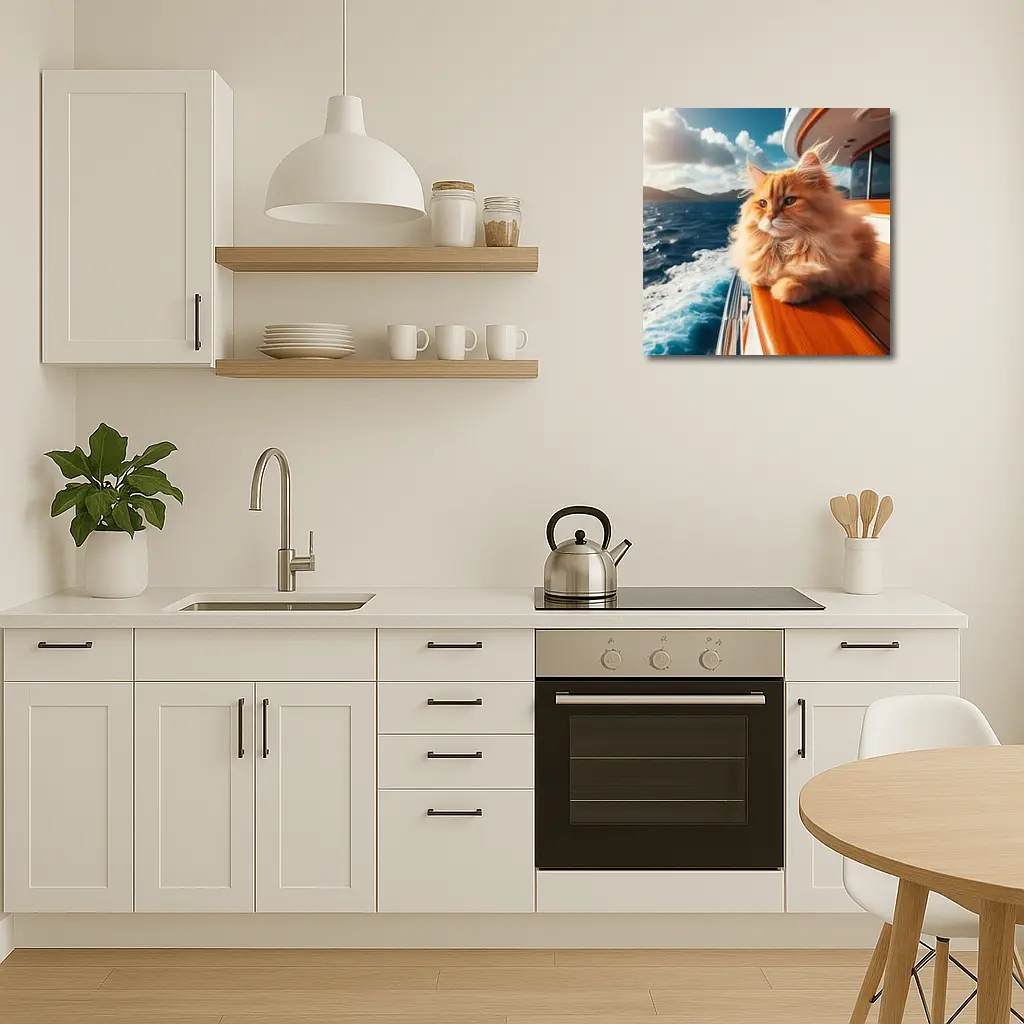 Fluffy Orange Cat on Yacht Ocean – Wall Art