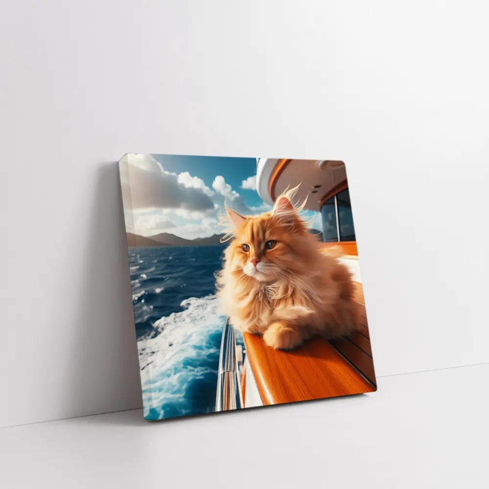 Fluffy Orange Cat on Yacht Ocean – Wall Art