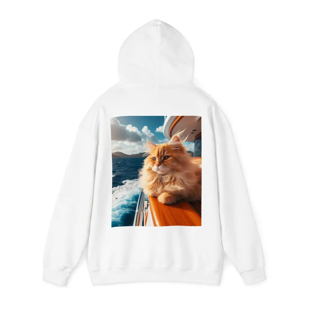 Fluffy Orange Cat on Yacht Ocean – Hoodies