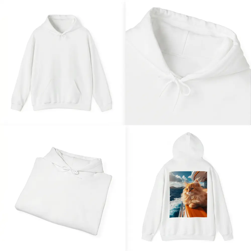Fluffy Orange Cat on Yacht Ocean – Hoodies