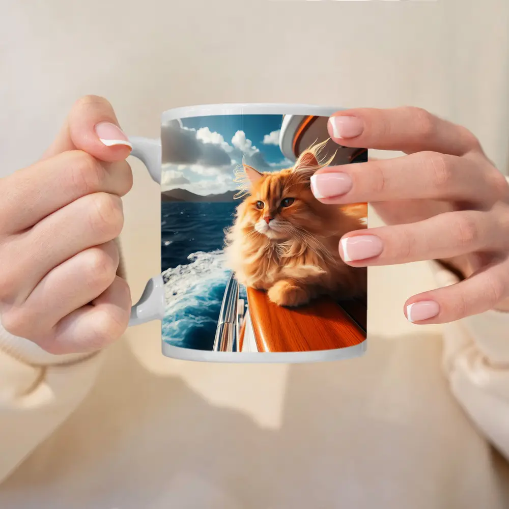 Fluffy Orange Cat on Yacht Ocean – Mugs