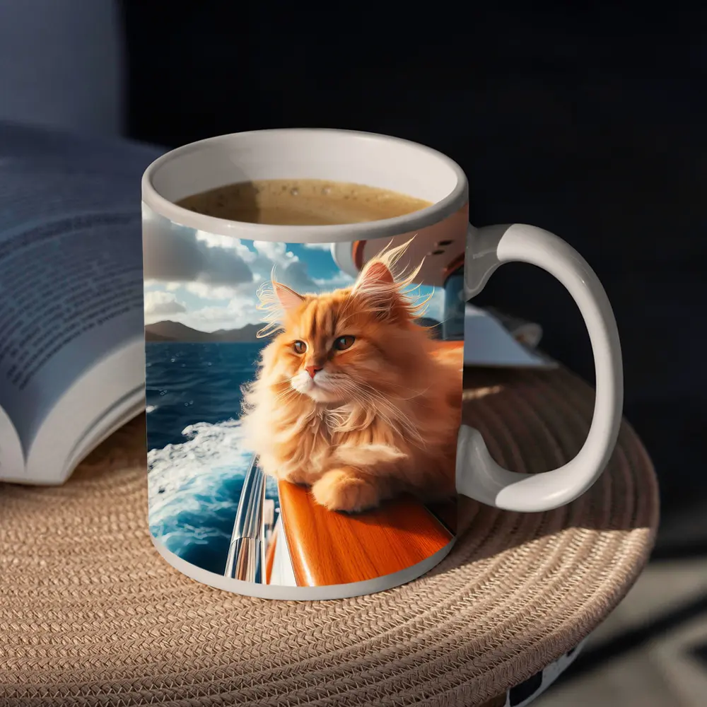 Fluffy Orange Cat on Yacht Ocean – Mugs