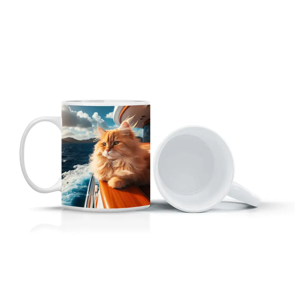 Fluffy Orange Cat on Yacht Ocean – Mugs