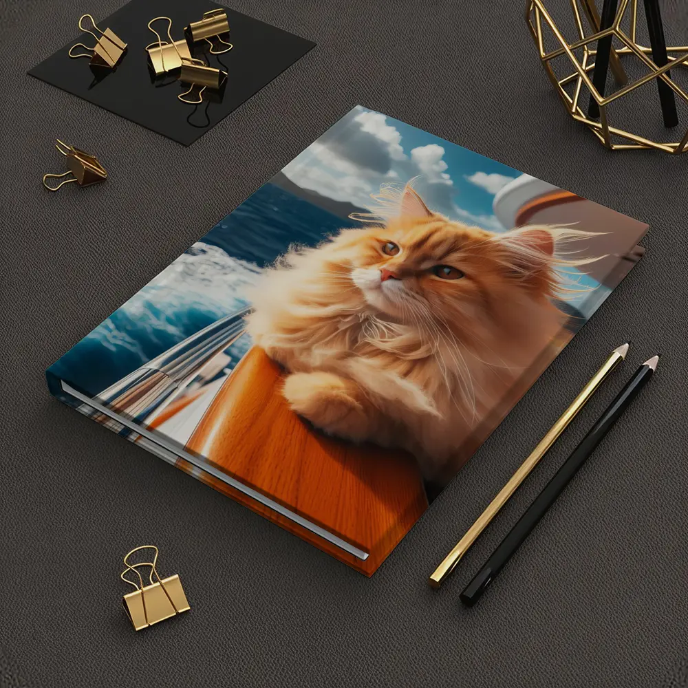 Fluffy Orange Cat on Yacht Ocean – Notebooks