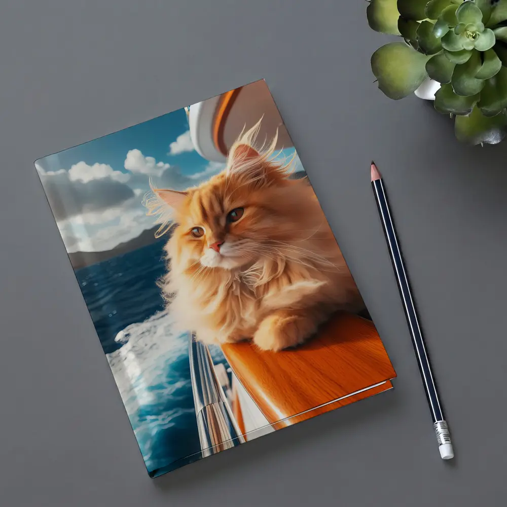 Fluffy Orange Cat on Yacht Ocean – Notebooks