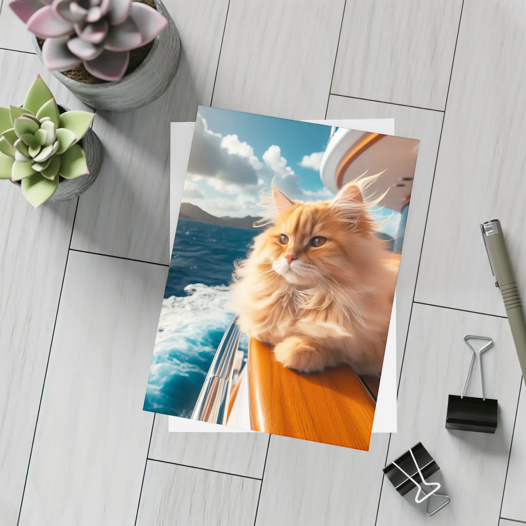 Fluffy Orange Cat on Yacht Ocean – Postcards