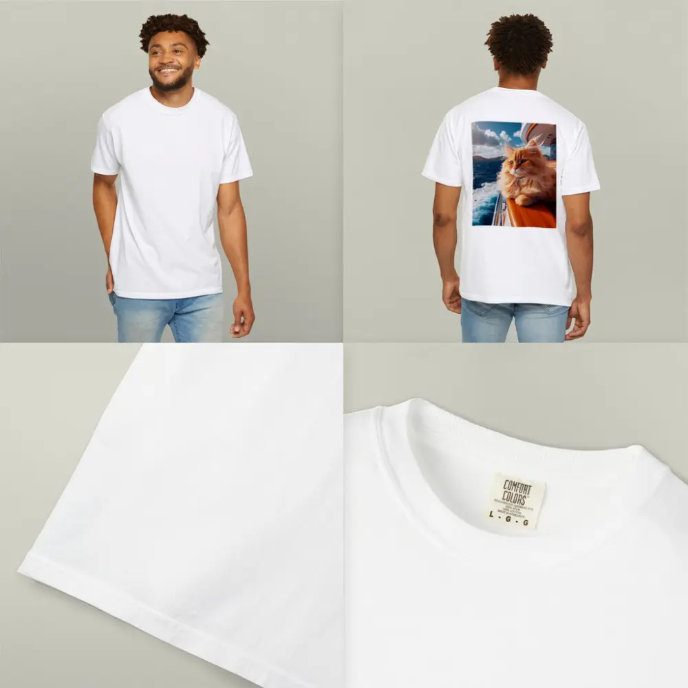 Fluffy Orange Cat on Yacht Ocean – T-Shirts