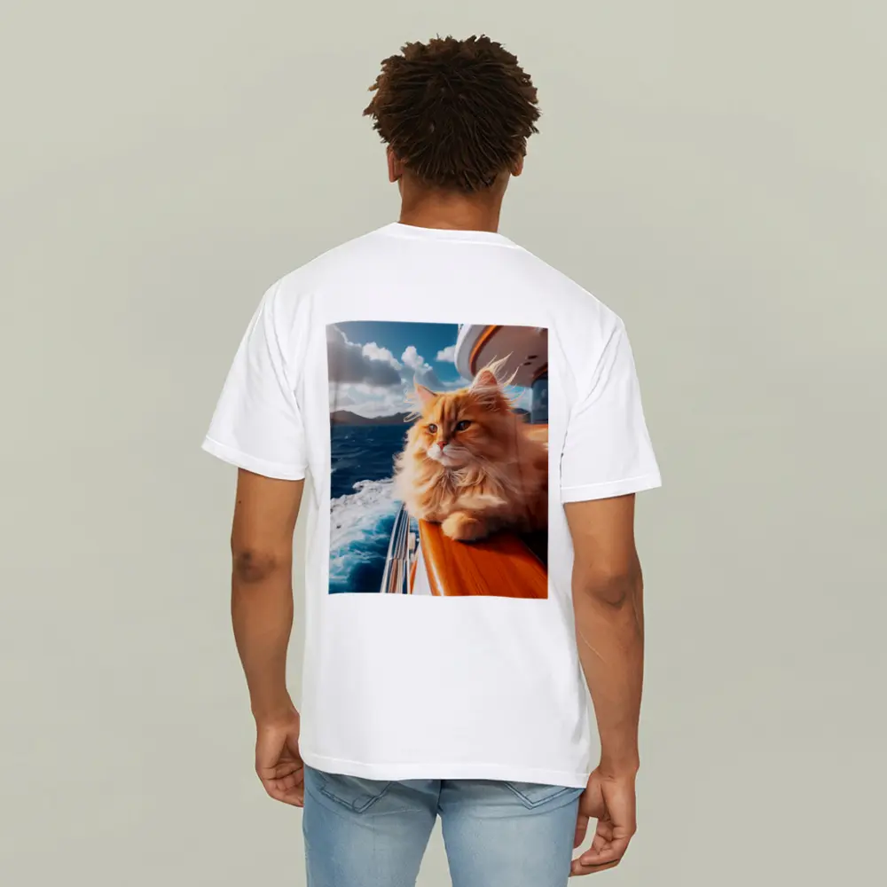Fluffy Orange Cat on Yacht Ocean – T-Shirts