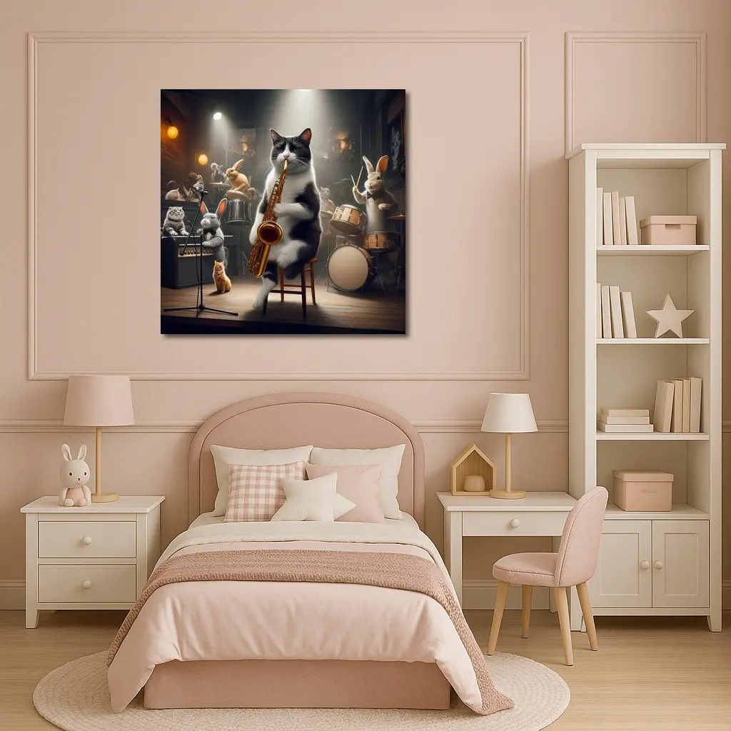 Cat Playing Saxophone Jazz Club Stage – Wall Art