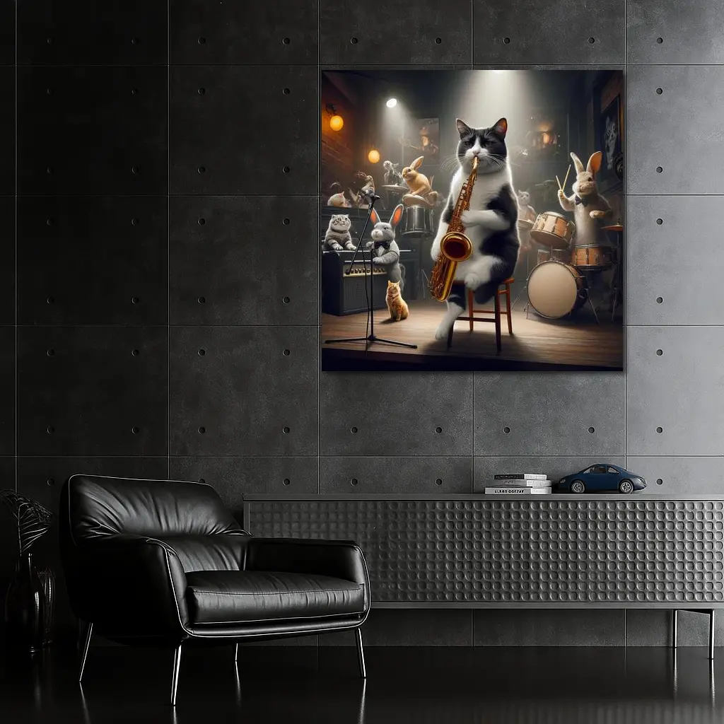 Cat Playing Saxophone Jazz Club Stage – Wall Art