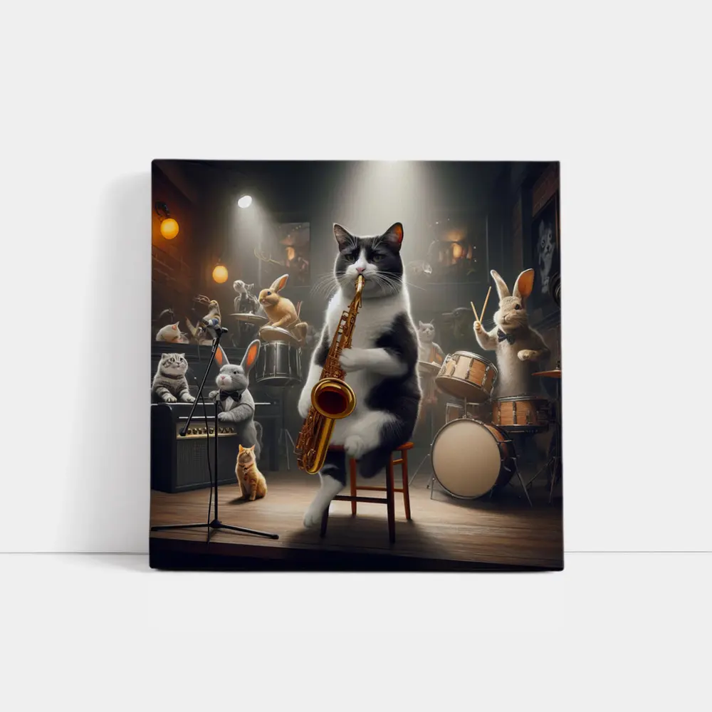 Cat Playing Saxophone Jazz Club Stage – Wall Art