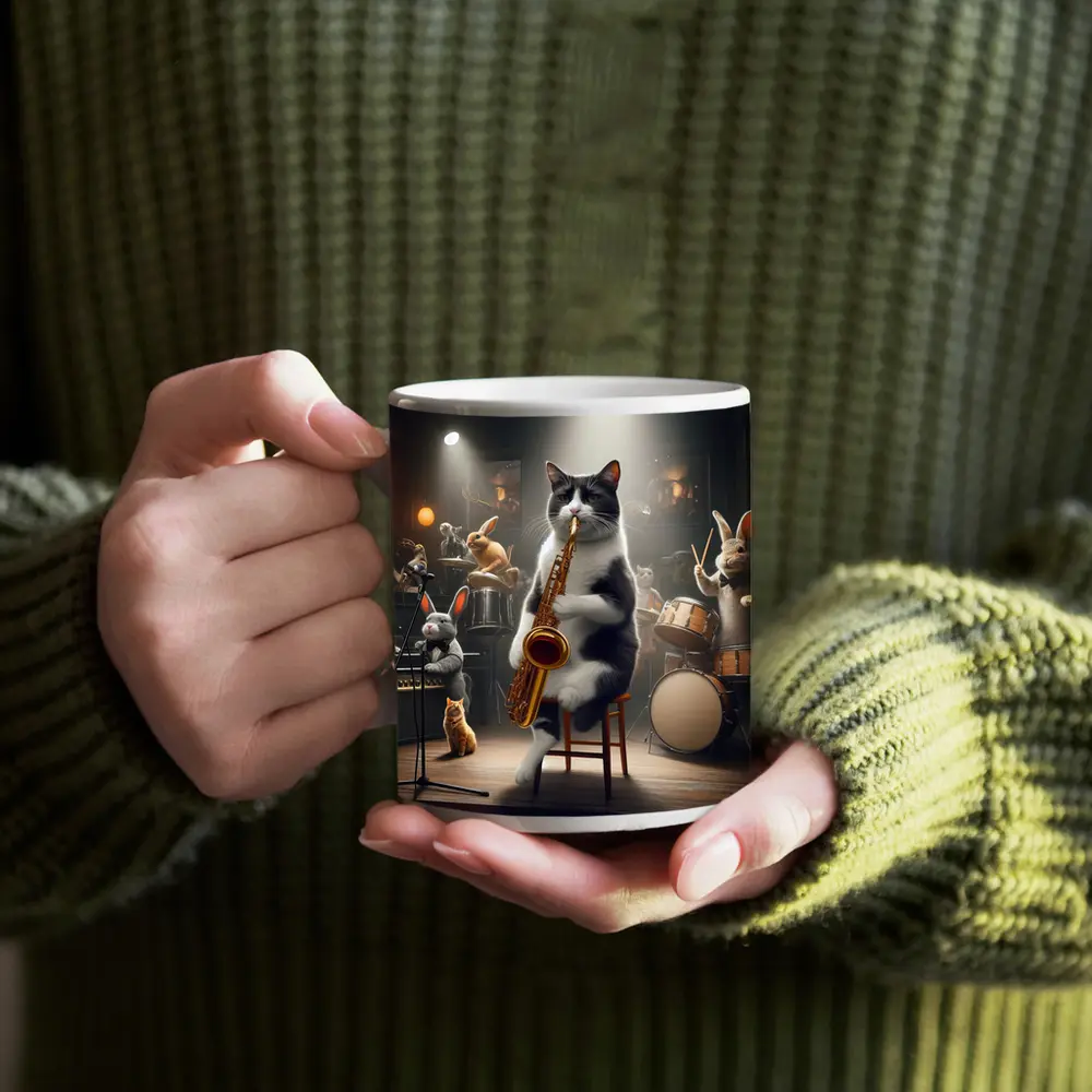 Cat Playing Saxophone Jazz Club Stage – Mugs