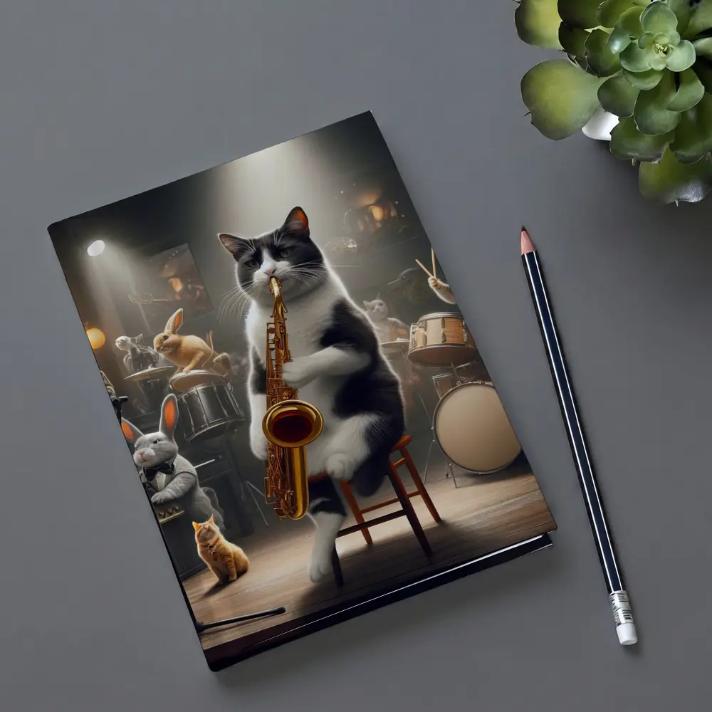 Cat Playing Saxophone Jazz Club Stage – Notebooks