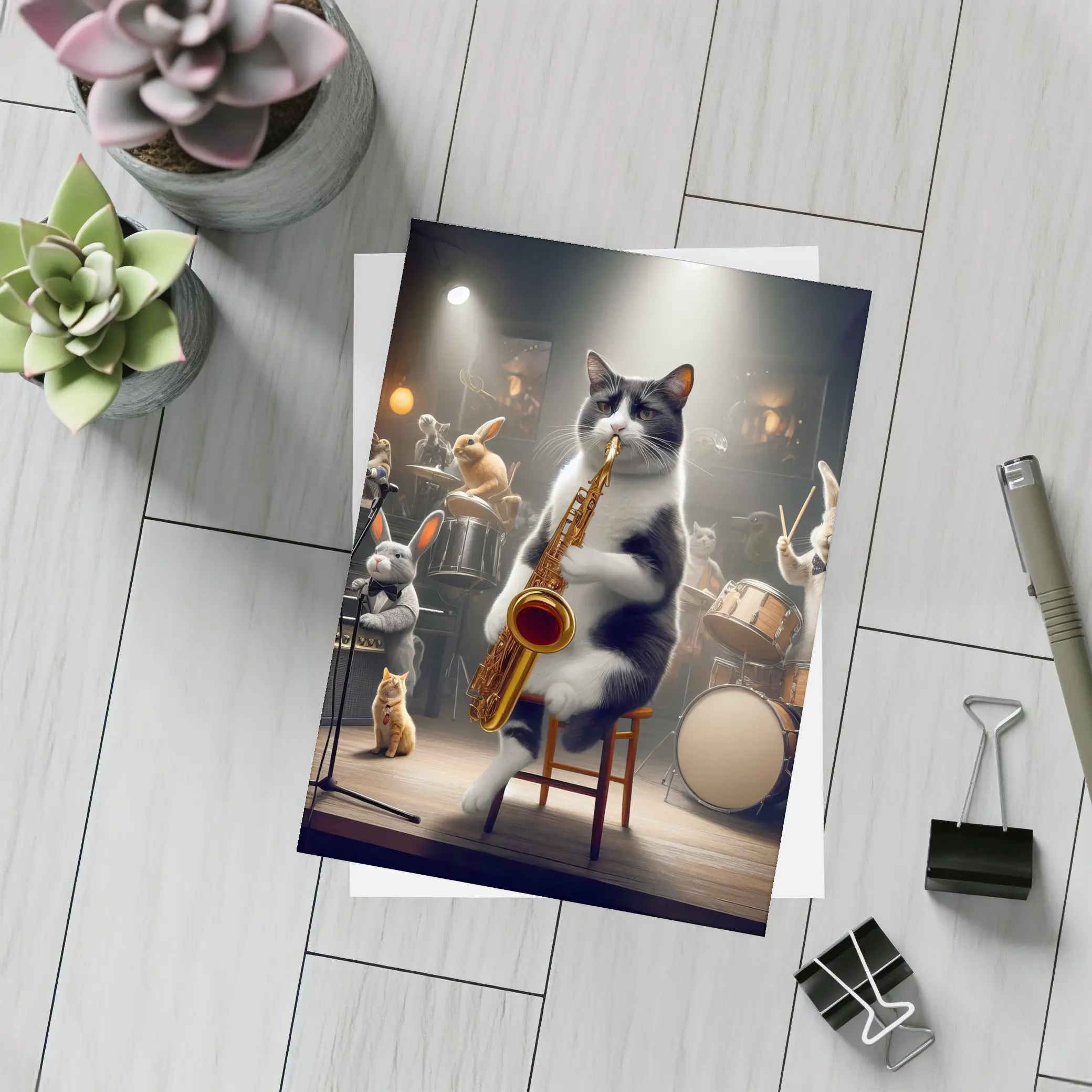Cat Playing Saxophone Jazz Club Stage – Postcards