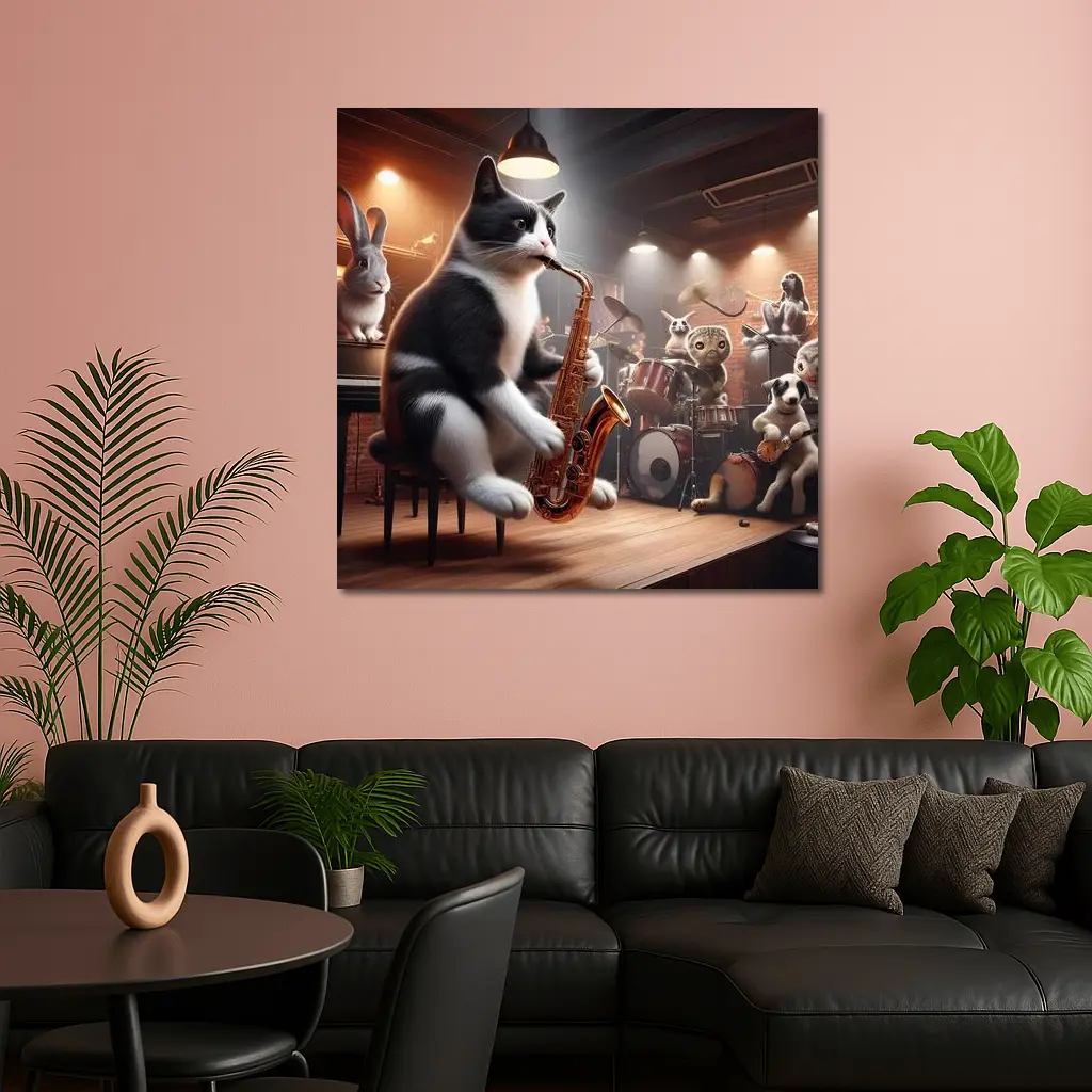 Tuxedo Cat Playing Saxophone Jazz Band – Wall Art