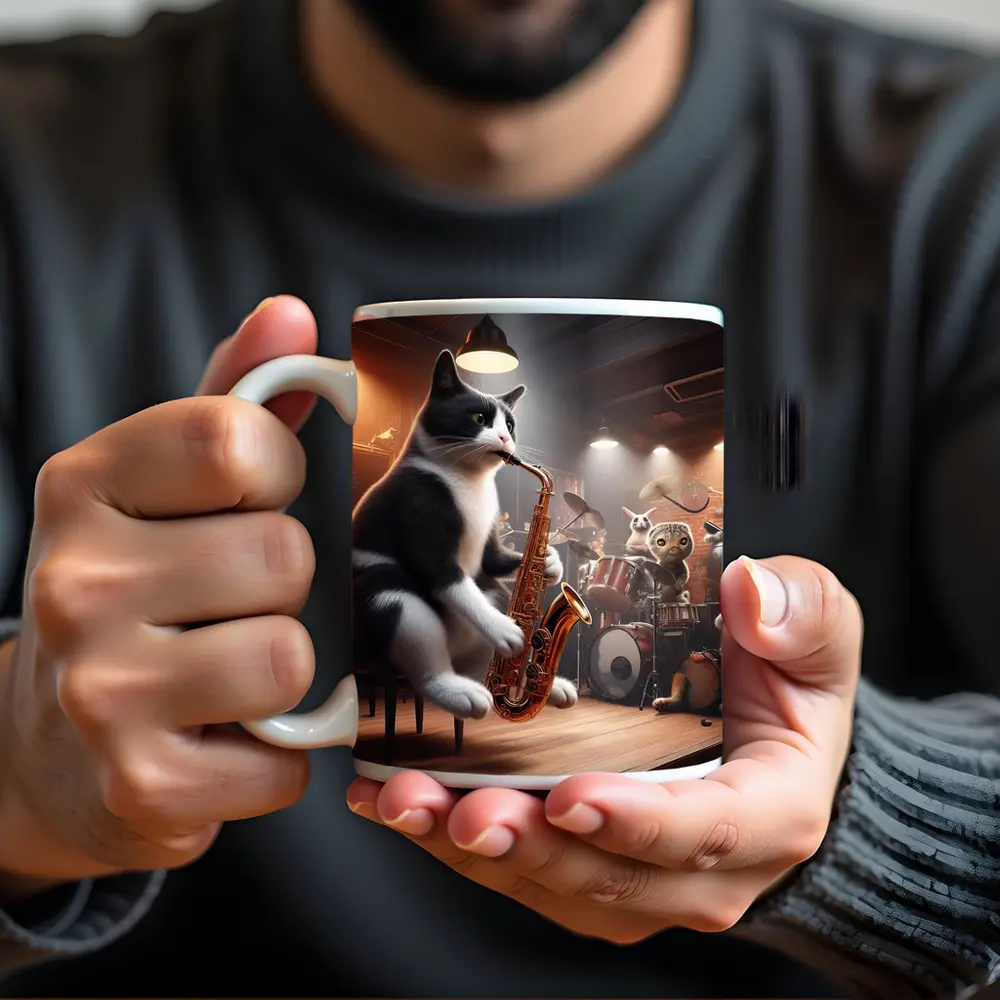 Tuxedo Cat Playing Saxophone Jazz Band – Mugs