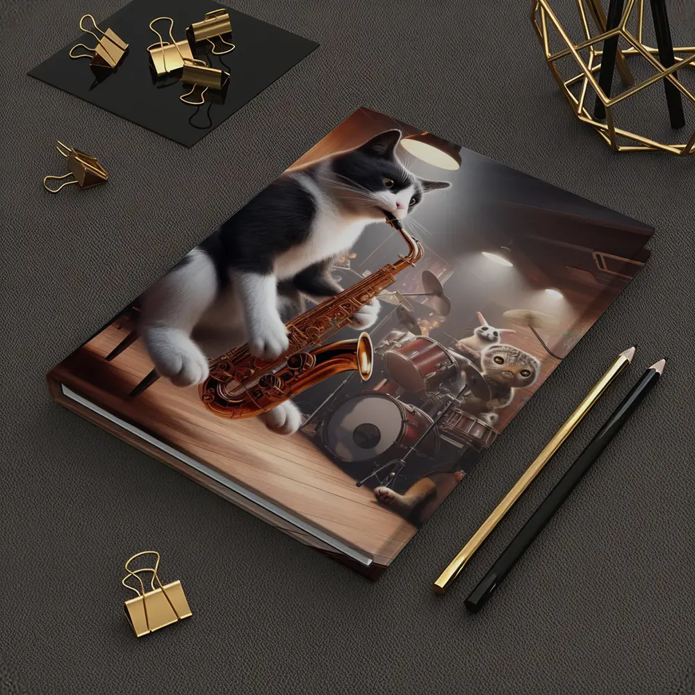 Tuxedo Cat Playing Saxophone Jazz Band – Notebooks