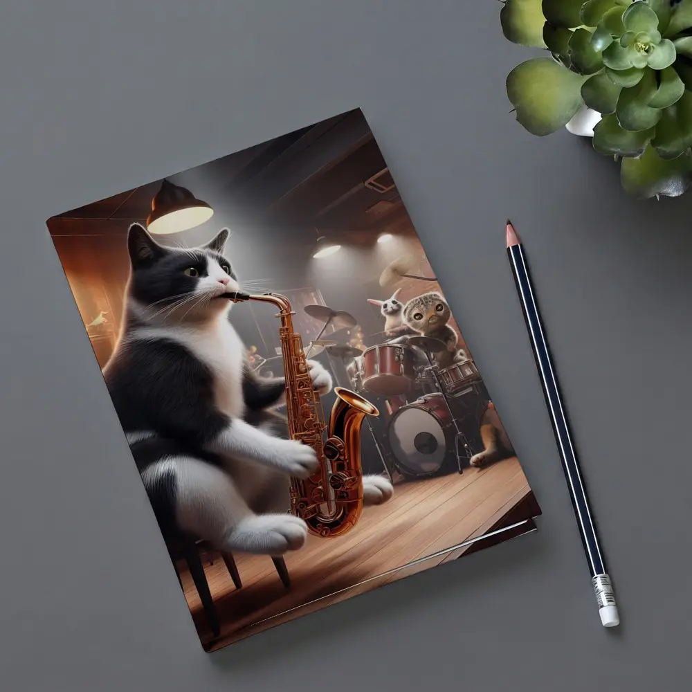 Tuxedo Cat Playing Saxophone Jazz Band – Notebooks