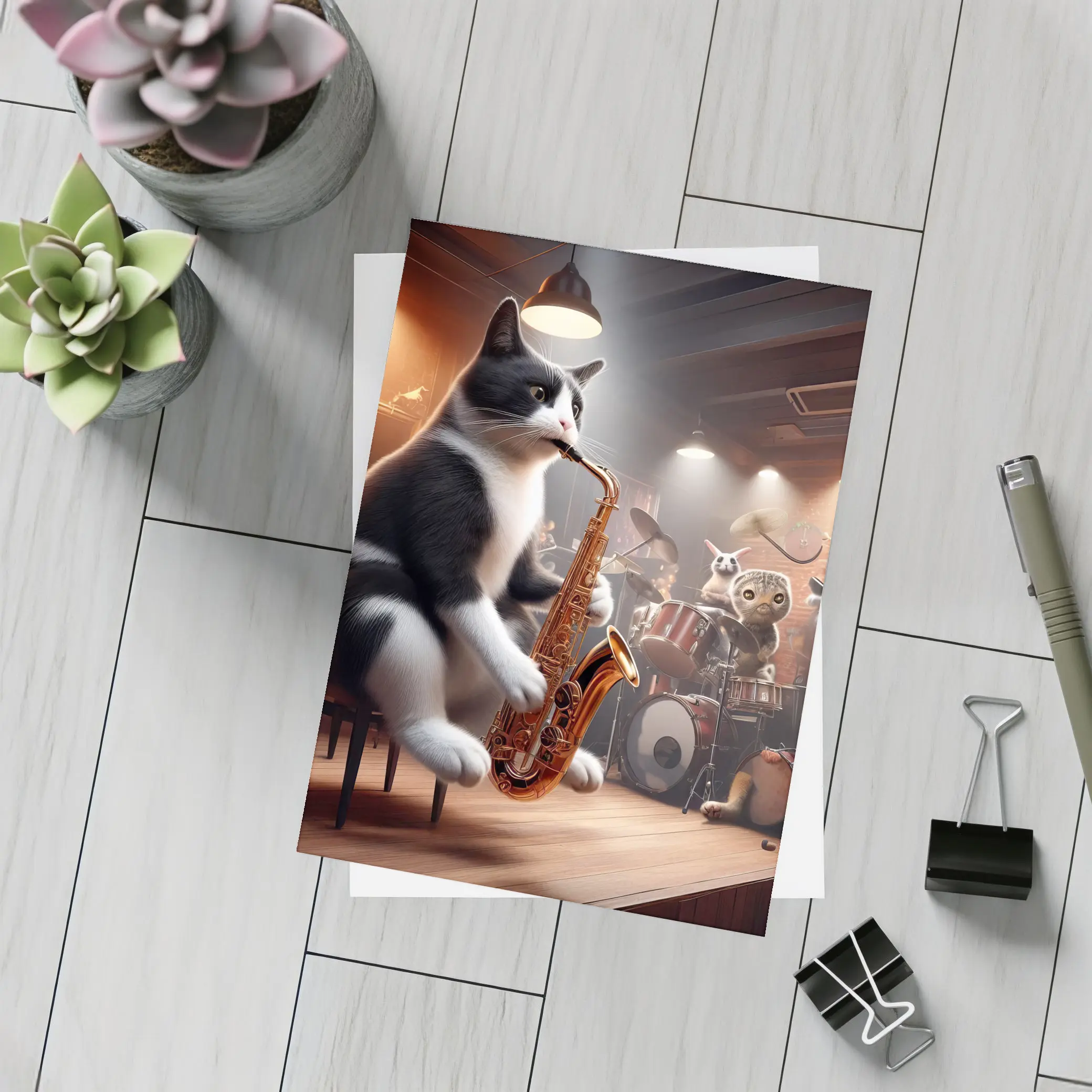 Tuxedo Cat Playing Saxophone Jazz Band – Postcards