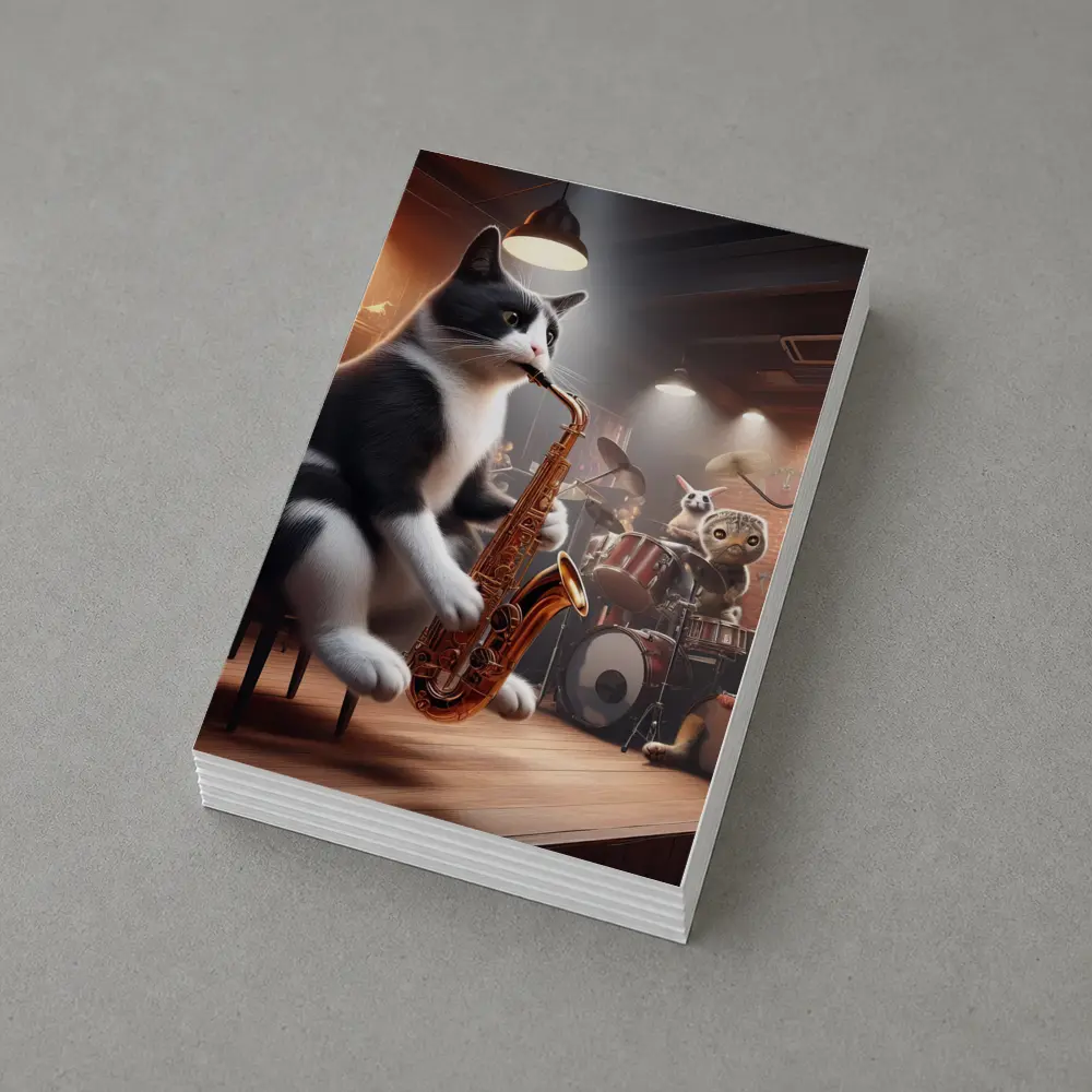 Tuxedo Cat Playing Saxophone Jazz Band – Postcards