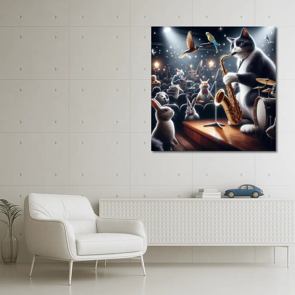 Cat Playing Saxophone On Concert Stage – Wall Art