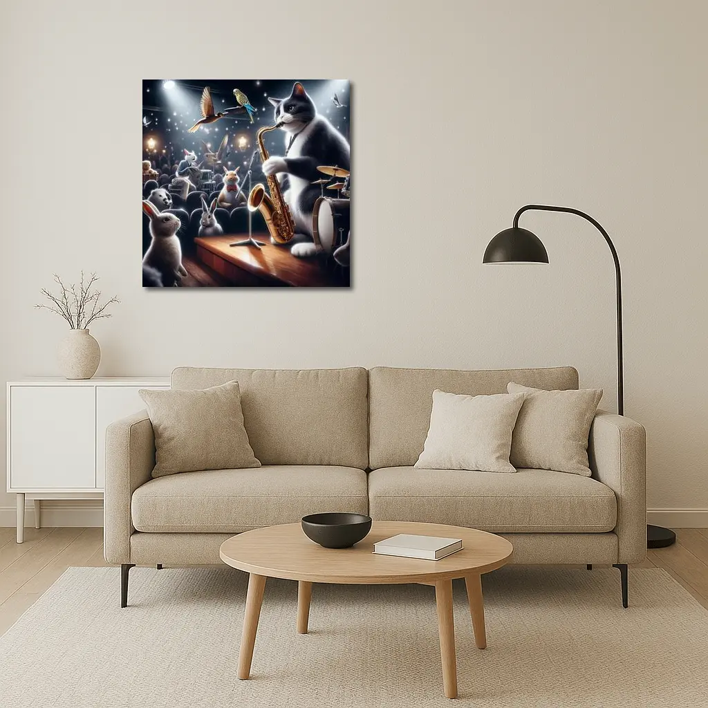 Cat Playing Saxophone On Concert Stage – Wall Art